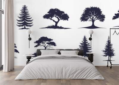 Set of tree silhouettes. Vector detailed various trees with leaves, oak, maple, pine, linden, poplar, fir, black on white background Wall mural