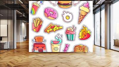 Trendy cool set of fast food patch badges in pop art style. Vector collection of stickers and pins with meal. Wall mural