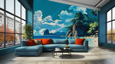 Japan's beachfront landscape, retro anime, 90s anime style illustration Wall mural