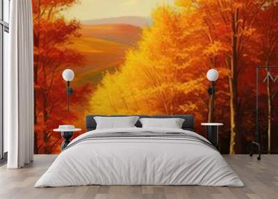 a painting of a road in the middle of a autumn forest, a detailed matte painting, american scene, AI Generated Wall mural