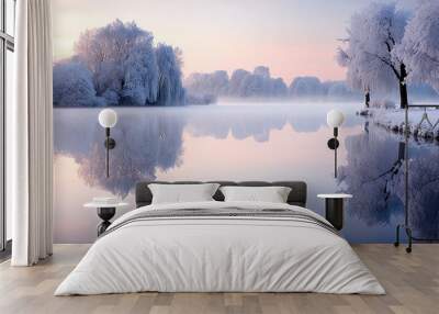 Beautiful winter landscape on bloomed sunset, nature and forest in winter Wall mural