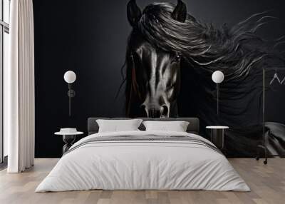 Portrait of a black beautiful stallion on a dark background.black horse close-up with space for text Wall mural