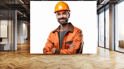 Professional construction worker in uniform posing against plain white background Wall mural