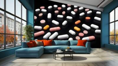 Black background featuring colorful pills and tablets for medical imagery Wall mural