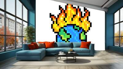 Burning planet Earth, 8 bit pixel art icon isolated on white background. Old school vintage retro 80s, 90s slot machine/video game graphics. Ecology poster. Global warming concept.Nature care campaign Wall mural