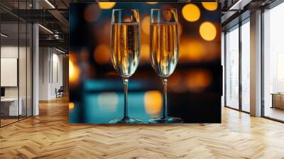 Champagne glass festive luxury New Year celebration. Golden Sparkling wine cheers concept wedding, birthday or restaurant party design. Healthy wine, to accompany a meal or as an aperitif at an event Wall mural