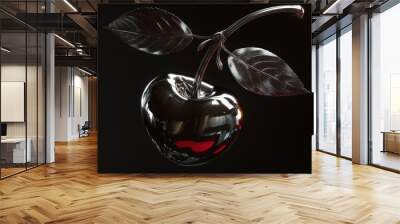 Chrome liquid metal cherry. 3D render cherries, modern design. Isolated holographic futuristic floral icon. Y2K, brutalism retro futurism dessert food concept. Wall mural