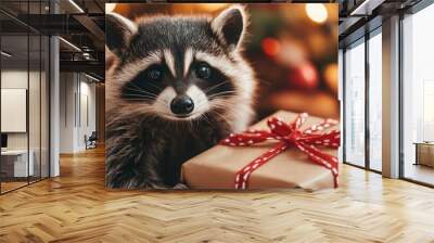 Cute cozy racoon enjoys snowy winter Christmas banner. Cute happy pet portrait. Seasonal banner design with place for text. Wall mural