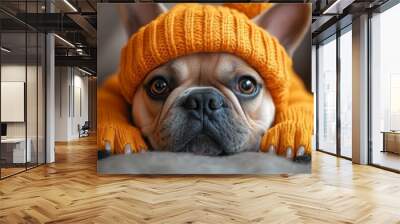 Cute french bulldog  dog autumn concept. Happy funny animal in sweater, scarf and hat. Wall mural