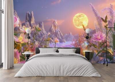 Dream core iridescent Escapism aesthetic background. Fairy core 3d render. Abstract surreal landscape with mountains, sea, sparkling  flowers, moon and stars. Panoramic seascape wallpaper. Wall mural