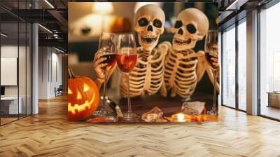 Druk Skeletons having party at home. Halloween funny design concept. Wall mural