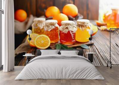 photos of jars with orange marmalade and orange slices. Wall mural