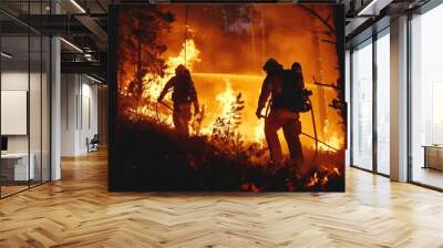 silhouette of firefighters fighting a forest fire from the ground.	
 Wall mural