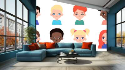 Set of diverse multiethnic children avatars. Happy faces of different boys and girls. Cartoon kids portraits. Vector illustration isolated on white background Wall mural