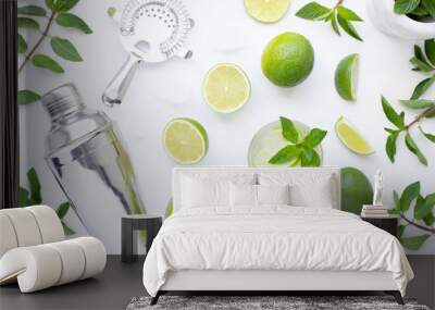 Mojito cocktail alcohol bar long drink making. Mint, lime, rum, ice ingredients, juice, soda water, shaker and bar utensils on white background. Top view. Flat lay. Wall mural