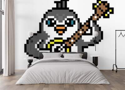 Penguin playing banjo, pixel art animal character isolated on white background. Old school retro 80s, 90s 8 bit slot machine, computer, video game graphics. Cartoon folk, country music artist mascot. Wall mural