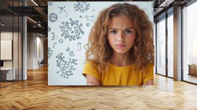 A portrait of a girl with a serious expression, set against a creatively decorated background. Wall mural