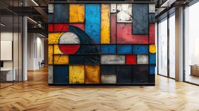 Abstract geometric artwork with red, blue, yellow, and gray squares and circles. Distressed texture on a dark background. Concept of modern art Wall mural