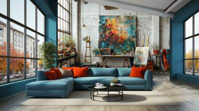 Cozy artist studio with vibrant paintings and plants. Rustic decor with art supplies scattered. Creative, artistic atmosphere Wall mural