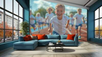 Group of children in white shirts and blue shorts running on a track, smiling and enjoying a sunny day. Outdoor activity concept Wall mural