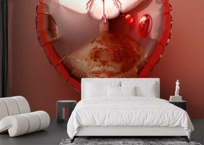 Reflective heart-shaped red balloon on a textured red background. Concept of love Wall mural