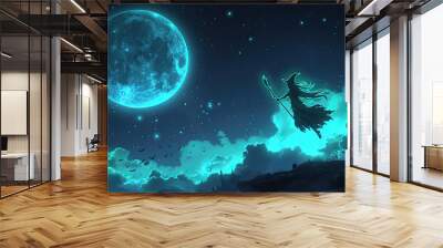 Witch flying in nocturnal sky, glowing full moon, dark clouds, fantasy concept Wall mural