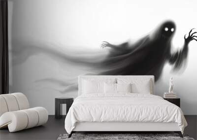 Realistic Halloween ghost shadow PNG. Transparent isolated phantom. Flying spooky dead soul. Black smoke transparent horror monster. Wall mural