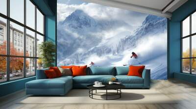 Winter Ski Resort high quality photo. Mountains and forest trees, vail snowy landscape. Family holidays vacation background. Wall mural