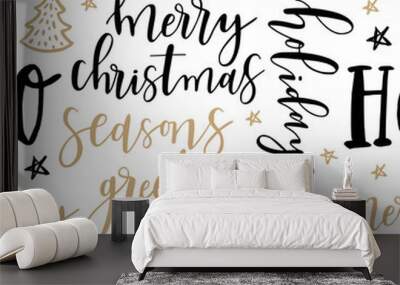 Merry Christmas hand drawn seamless background with calligraphy. Wall mural