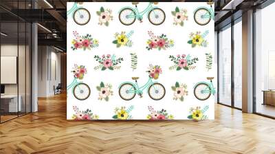 Spring seamless pattern with flowers and bicycles. Wall mural