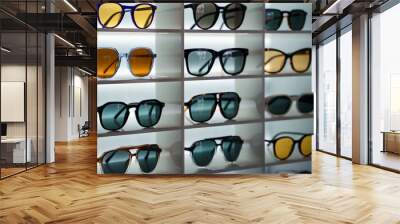 Sunglasses on the counter in optics store. Saint Petersburg, Russia - 24 July 2024 Wall mural