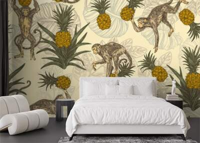 Beautiful yellow seamless pattern with monkeys and pinealpples. Color. Engraving style. Vector illustration. Wall mural