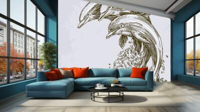 Group of dolphins jumping in the water. Vector illustration. Wall mural