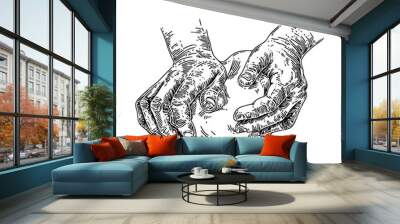 Hands knead the dough. Sketch. Engraving style. Vector illustration. Wall mural