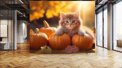 beautiful fluffy cat sits on pumpkins against the background of autumn leaves Wall mural