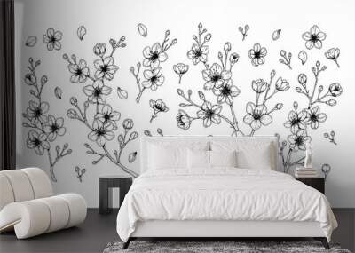 Big set of spring cherry flowers. Vector illustration in sketch style isolated on white. Beautiful tree branches in bloom Wall mural