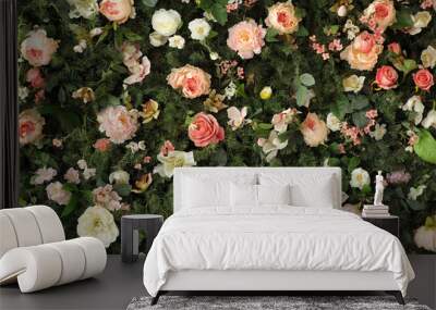 closeup image of beautiful flowers wall background with amazing red and white roses and peonies on t Wall mural