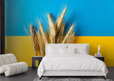 ears of wheat on the national flag of independence ukraine. freedom blue and energizing yellow color Wall mural