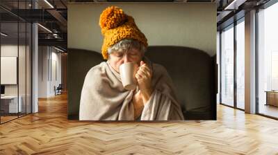 Elderly woman in ginger cap wrapped in blanket and drinking cup of tea. Old grandma feeling cold at home. Energy crisis. Wall mural