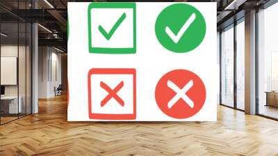 Sharp green checkmark and red cross on isolated white background vector symbol for right and wrong choices. Symbol of choice set. Modern flat design, Checkmark icon set. Checkmark right symbol tick. Wall mural