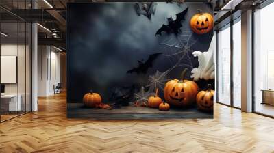 Halloween elements in the form of pumpkins, bats, ghosts, spiders on a light textured background with space for text Wall mural