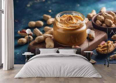 nut butter in a jar on a blue background.
 Wall mural