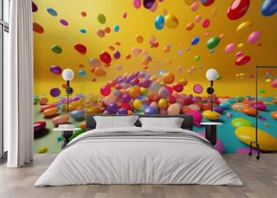 round candies of different colors scattered on the table and flying all over the photo on a bright background
 Wall mural