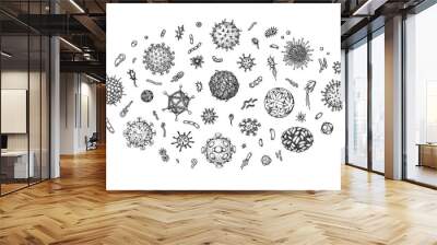 Set of engraved viruses and bacteria isolated on white background. Different types of microscopic microorganisms. Vector illustration in sketch style Wall mural