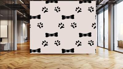 Black bow ties and dog paw prints on gray background seamless pattern vector.Flat hand drawn design. Wall mural