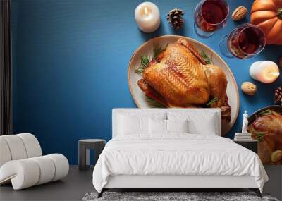 turkey baked for thanksgiving or christmas on bright background, family holiday concept top view Wall mural