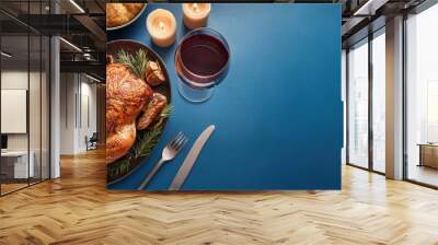 turkey baked for thanksgiving or christmas on bright background, family holiday concept top view Wall mural