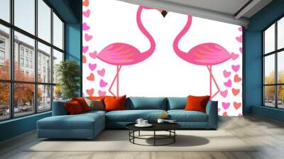 Two pink flamingos with hearts Wall mural