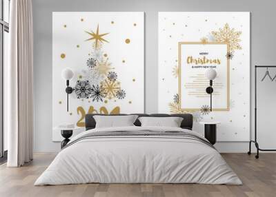 Two side Vertical Merry Christmas and New Year greeting card with beautiful Christmas tree and golden snowflakes on white background. Frame with space for text Wall mural