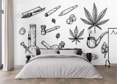 Weed smoking tools. Cannabis joint. Hand drawn marijuana spliff. Glass hemp bong. Tobacco pipe. Vector illustration in sketch style Wall mural